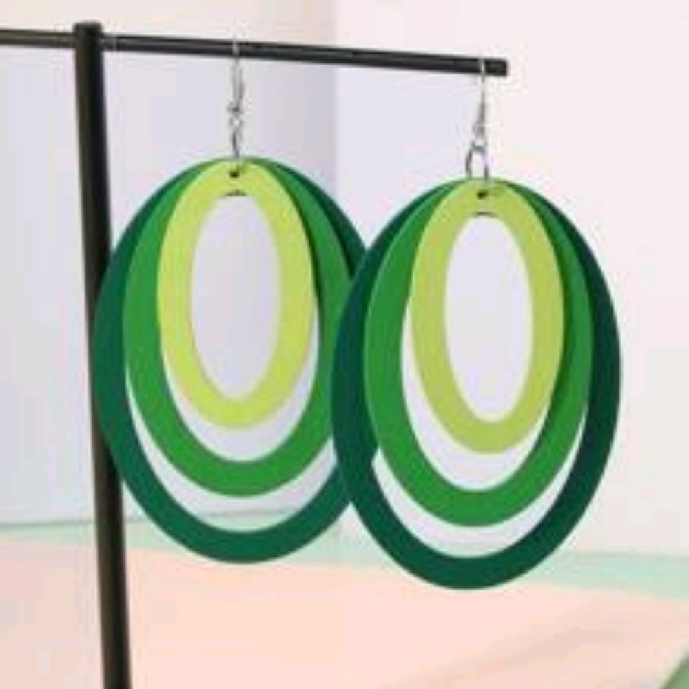 Oval, wooden, green earrings